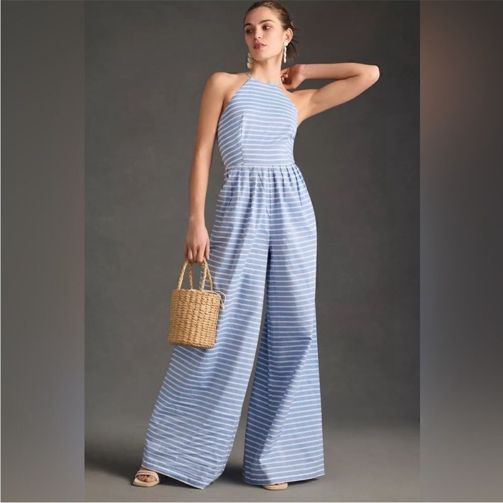 Anthropologie Corey Lynn Calter Tie-Back Halter Jumpsuit Striped Blue Motif NWT